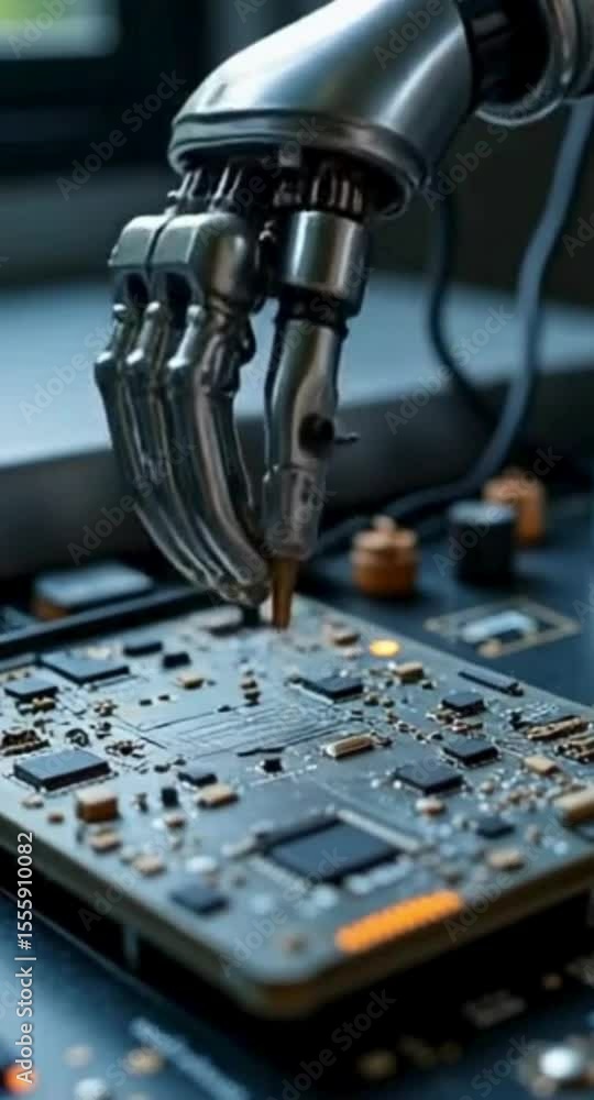 Poster robotic arm soldering a circuit board with precision and technological advancement