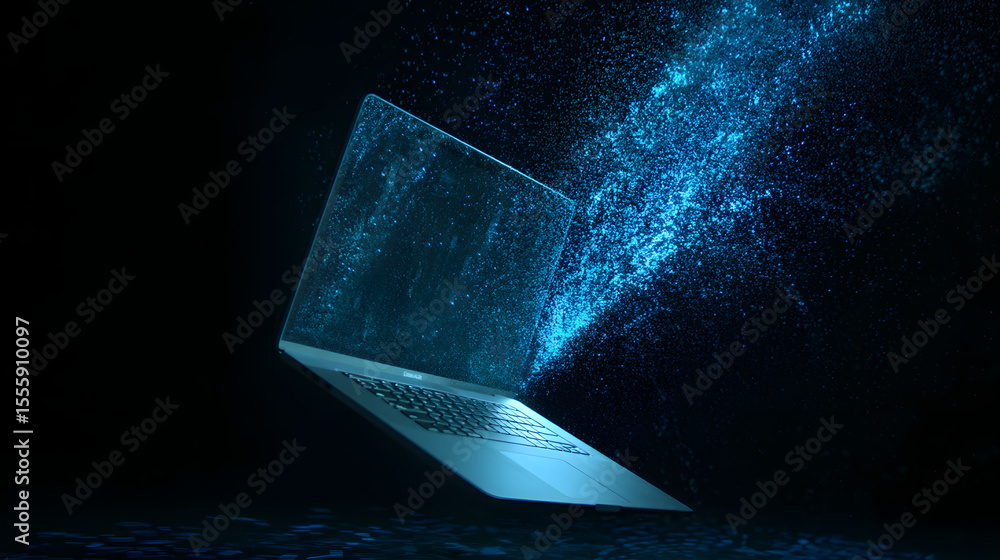 Poster digital dispersal: a sleek laptop, dissolving into a vibrant stream of digital particles, symbolizin