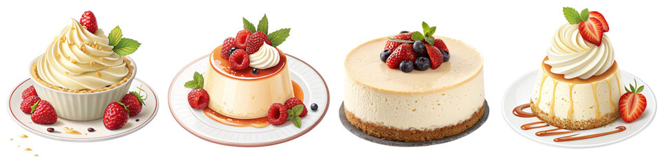 Realistic cheesecake set on transparent background, sweet desserts, gourmet pastries
