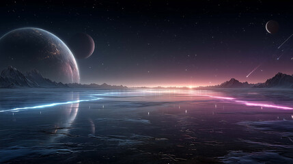 Vivid outer space scene featuring glowing planets and radiant stars in a tranquil universe