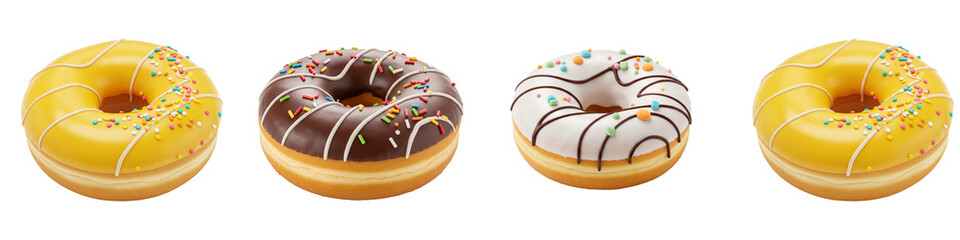 Realistic donut set on transparent background, sweet desserts, colorful treats, copy space