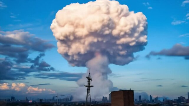 Nuclear explosion with mushroom cloud over city skyline. Catastrophic destruction. Concept of global catastrophe, war, catastrophe, armageddon, total destruction, barren land. 4k video