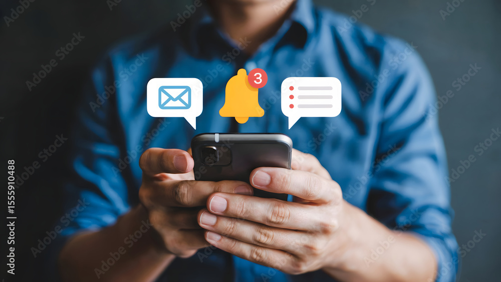 Poster person is using mobile smartphone with notification popup box for email, alarm, and chat, representi