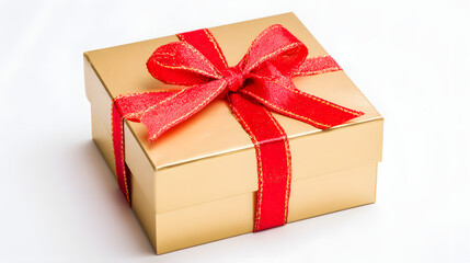 Obraz premium Golden gift box with red ribbon bow, elegant and festive, symbolizing luxury and celebration