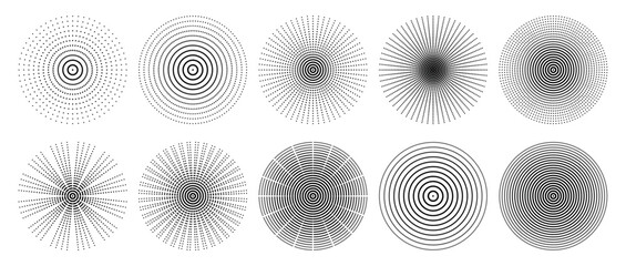 Black halftone radial dotted circles collection abstract graphic set motion illusion pattern burst digital vortex round minimal background contrast vector design symmetrical element on transparent