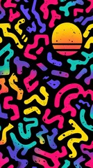 Vibrant 80s Retro Style Abstract Background Pattern Design with Sunset Element