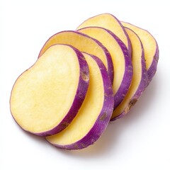 Slices of Fresh Yellow Sweet Potato with Purple Skin Isolated on White Background Healthy Food Ingredient