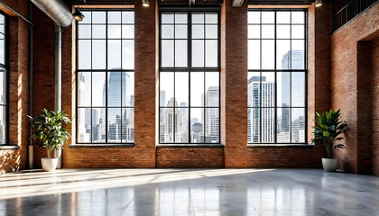 Fototapeta premium Wide-angle loft studio interior with warm exposed brick, large industrial windows, and polished concrete floors.
