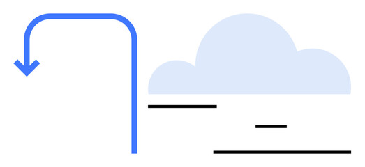 Blue curving arrow points downward next to a light cloud and black lines, symbolizing transfer, process, route, or storage. Ideal for communication, cloud computing, data flow, storage networking