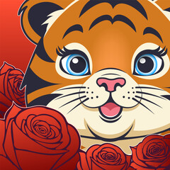 Vector cartoon bright colorful square sticker. Portrait of small smiling cute toon tiger cub in red roses. Close-up face