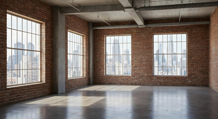 Wide-angle loft studio interior with warm exposed brick, large industrial windows, and polished concrete floors.