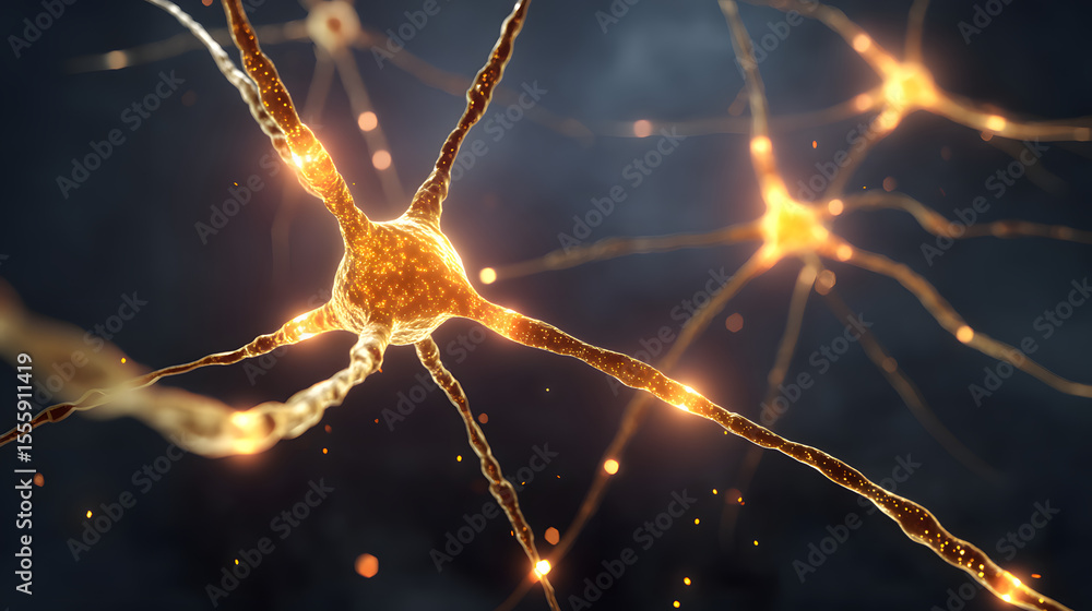 Poster neural network connections: microscopic view of interconnected neurons, firing and transmitting sign