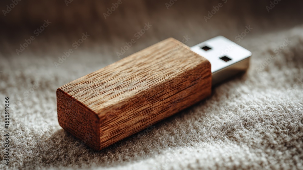 Poster stylish wooden usb flash drive on soft fabric background high resolution image perfect for technolog
