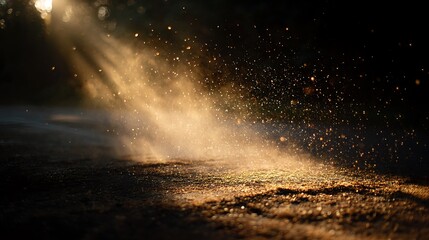 Golden light cascading through a forest with a misty, ethereal atmosphere