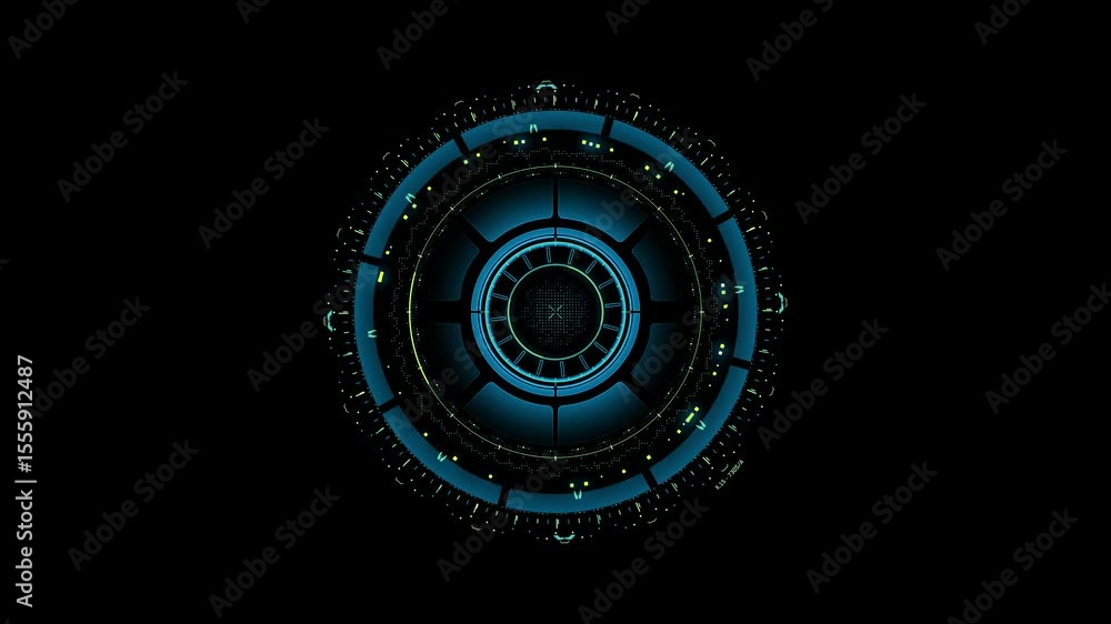 Poster detailed circular hud with glowing blue and yellow mechanical parts, rotating elements, and blinking