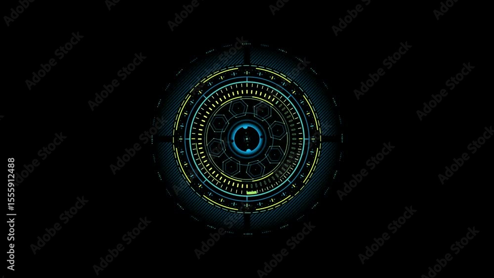 Poster detailed circular hud with glowing blue and yellow mechanical parts, rotating elements, and data rea