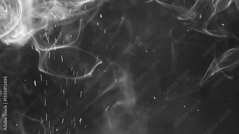 Poster intense white smoke swirls from the left while glowing embers rise like fireflies. dynamic abstract 