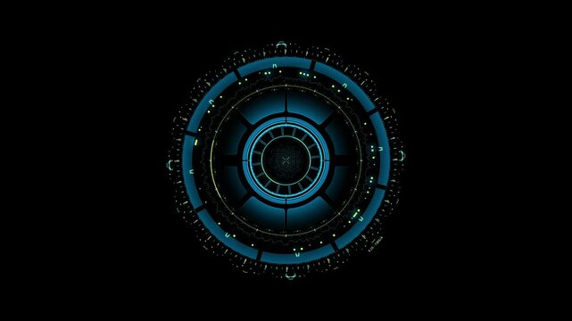 Detailed circular HUD with glowing blue and yellow mechanical parts, rotating elements, and blinking lights. Sci-fi engine or core interface element