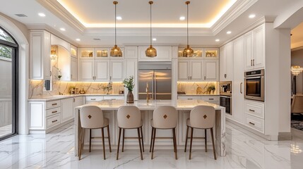 Interior View of a White Kitchen with Island Seating