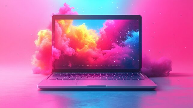 A stylish laptop in a minimalist flat design with floating UI elements placed on a pastel background, showing modern technological aesthetics and a simple digital interface.