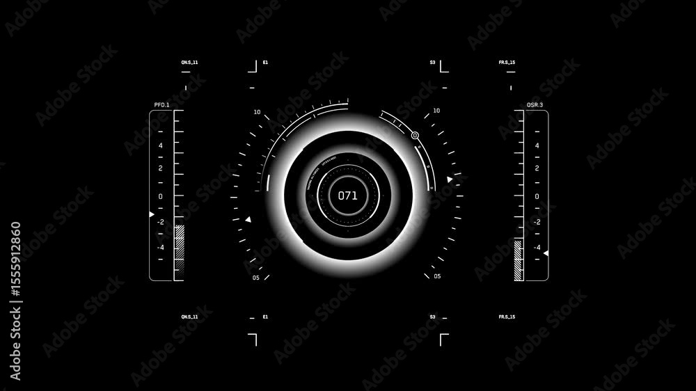 Poster animated circular hud element with glowing white dials, counters, and equalizers. sci-fi interface f