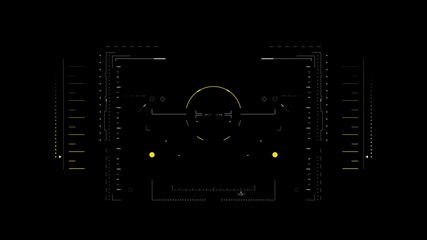 Symmetrical, futuristic heads-up display element with yellow indicators, arcs, and lines animating on a black background. Sci-fi or gaming UI overlay - Powered by Adobe
