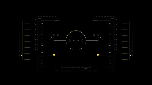 Symmetrical, futuristic heads-up display element with yellow indicators, arcs, and lines animating on a black background. Sci-fi or gaming UI overlay - Powered by Adobe
