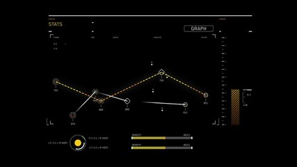 Animated futuristic user interface with a moving line graph, data points, and statistical readouts. HUD overlay for business, tech, or sci-fi data analysis - Powered by Adobe