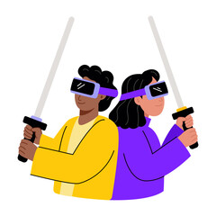 A flat style illustration showing persons playing vr gaming