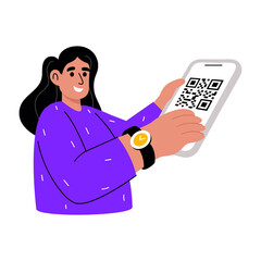 A flat style illustration showing a person scanning qr code