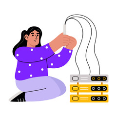A flat style illustration showing a person fixing server