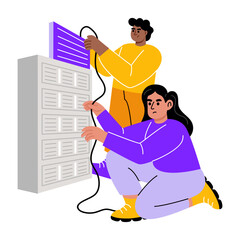 A flat style illustration showing a person doing server maintenance
