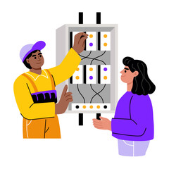 A flat style illustration showing a person doing switch maintenance