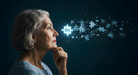Obraz premium Senior Woman Solving Puzzle: A thoughtful senior woman contemplates a glowing puzzle piece, symbolizing problem-solving, insight, and the cognitive process. Puzzle pieces emanate from her mind.