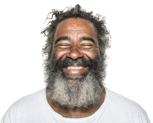 Smiling elderly man with gray curly hair and beard wearing white shirt, expressing happiness and warmth with closed eyes and broad smile