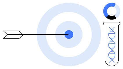 Arrow strikes blue bullseye, test tube displays DNA helix beside circular graph element. Ideal for precision, genetics, accuracy, goal-setting, biotechnology, targeting innovation. A simple flat