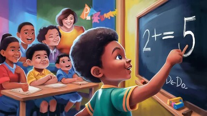 A vibrant animated illustration of a happy boy solving a math problem on a chalkboard in a diverse classroom - Powered by Adobe