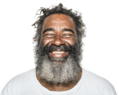 Smiling elderly man with gray curly hair and beard wearing white shirt, expressing happiness and warmth with closed eyes and broad smile