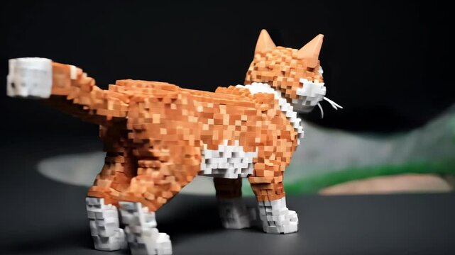 Creative orange and white cat model made from building blocks on a dark background