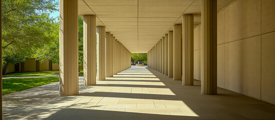 Obraz premium A sleek modern concrete corridor, with long shadows cast on tall, slender columns, highlights the minimalist and functional architectural style of the design, with clean lines and geometric precision.