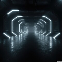 Octagonal neon lights illuminate a dark, reflective, futuristic corridor receding into hazy distance
