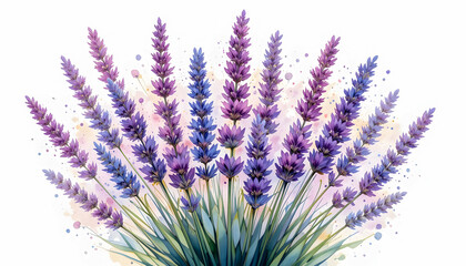 Featuring soft edges and radiant hues, this watercolor painting of lavender captures the essence of a fragrant field in a single, on a white backdrop.