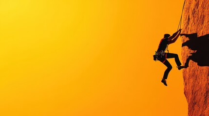 Climber scales a rocky surface against a vibrant orange sunset sky in an adrenaline-filled outdoor adventure