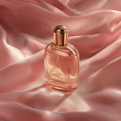 Elegant perfume bottle in rose-gold tones placed on pink silk cloth,