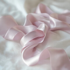 Pink silk ribbon curled on white linen, minimalist feminine aesthetic