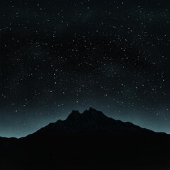 Starry night sky over a black mountain silhouette, minimalist style, 