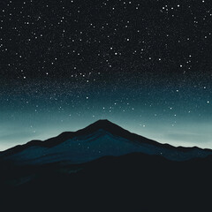 Starry night sky over a black mountain silhouette, minimalist style, 