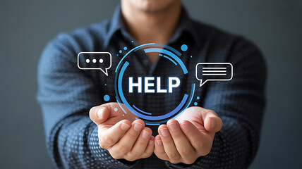 Person offering help and support through digital communication and assistance services
