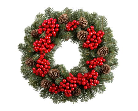 Christmas wreath decorated with red berries and pine cones, featuring green pine branches arranged in circular shape for festive holiday decoration