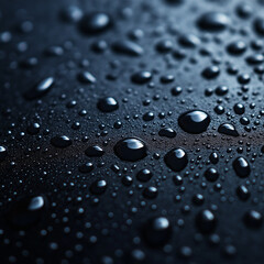 Raindrops glistening on black glass surface, macro shot, water
